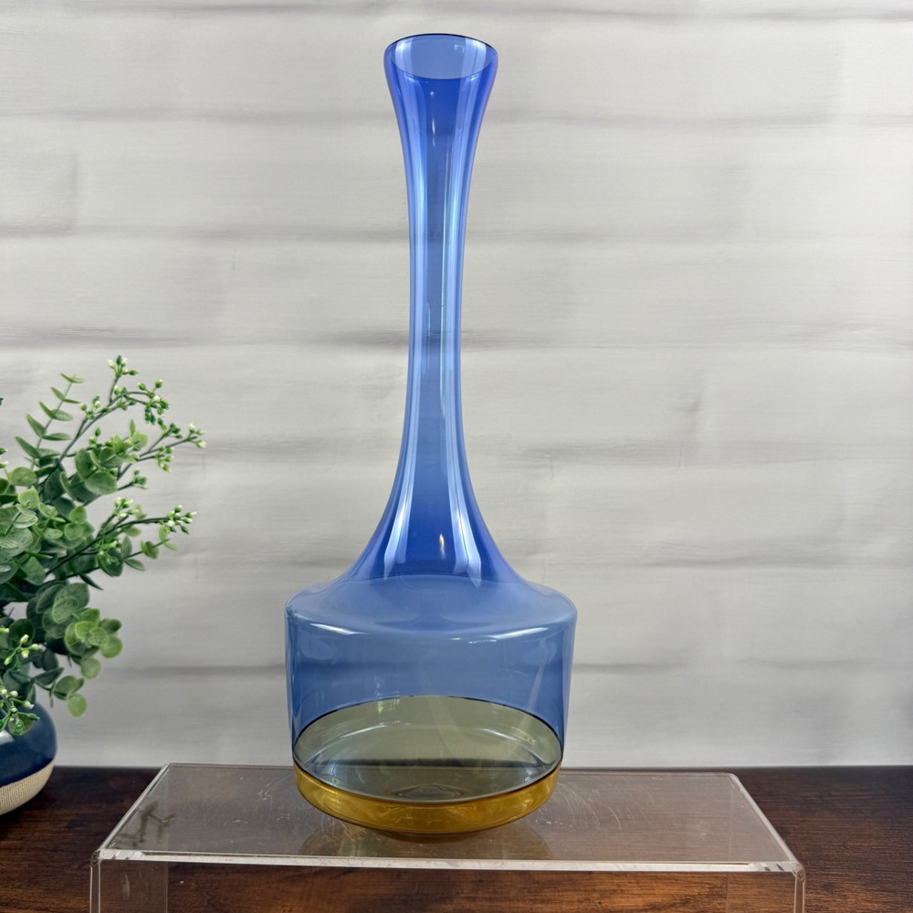 Lauscha Art Glass Bud Vase Blue Amber Two-Tone Cased Glass MCM